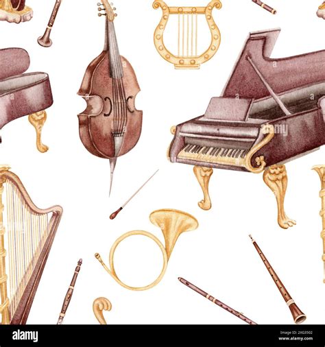 Classical Music Instruments Seamless Pattern Contrabass And Harp With