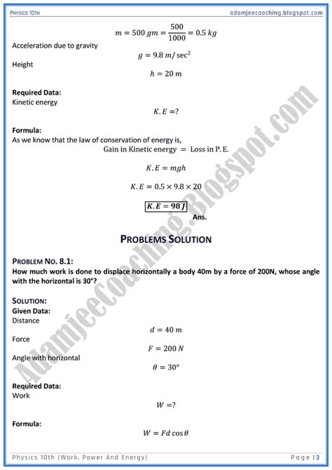 Adamjee Coaching Work Power And Energy Solved Numericals Physics Th