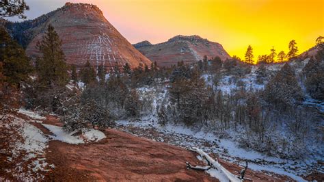 Zion National Park Mountain With Snow During Sunset 4k 8k Hd Nature