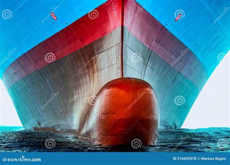 front view   large cargo ship bulbous bow stock photo image