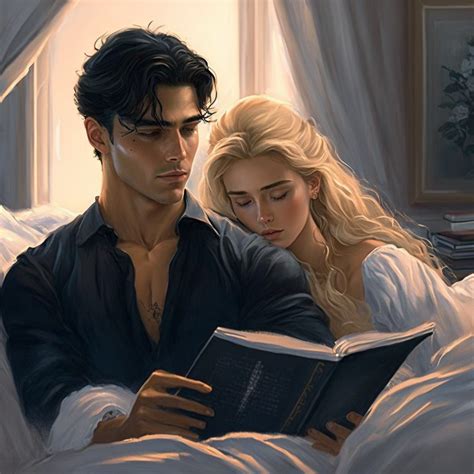 A Painting Of A Man And Woman Reading A Book Together On A Bed With