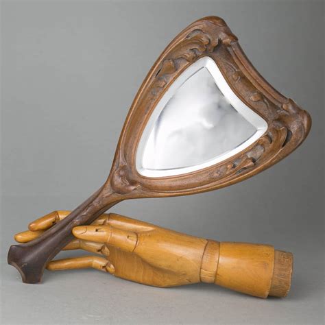 French Ecole De Nancy Spiegel Art Nouveau Carved Wood Hand Mirror