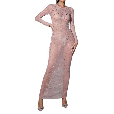 Women's Solid Color Mesh Long Sleeve Rhinestone Maxi Dress Elegant
