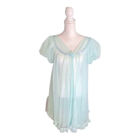 1960s Nightgown Robe Baby Doll Style Light Blue Gem