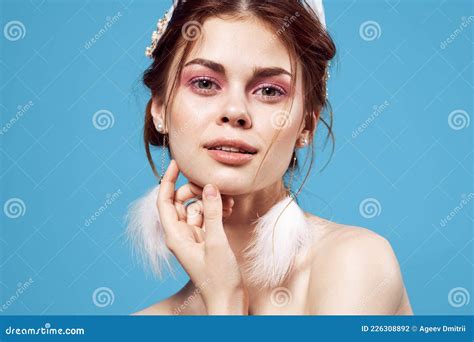 Attractive Woman Naked Shoulders Fluffy Earrings Cosmetics Blue