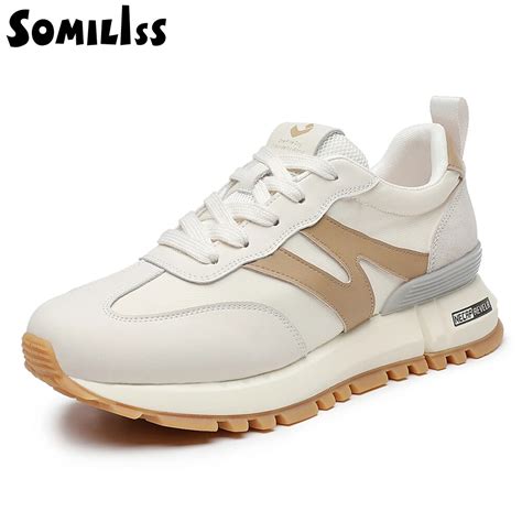 Somiliss Genuine Leather Women Sneakers Lace Up Round Toe Suede Leather