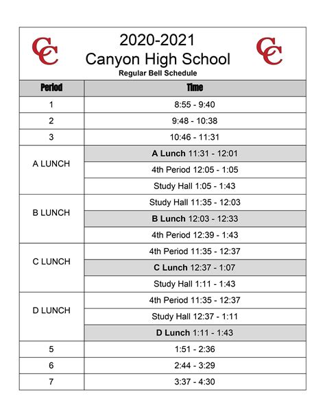 Bell Schedule Familiesstudents Canyon High School