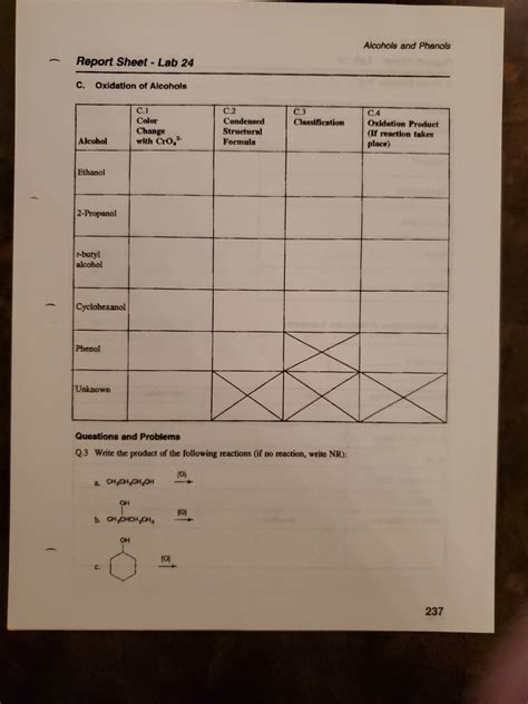 Solved Alcohols And Phenols Report Sheet Lab 24 C Chegg