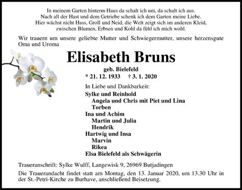 Traueranzeigen Von Elisabeth Bruns Nordwest Trauer De