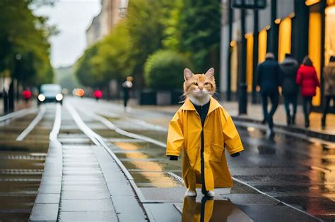 Premium AI Image | a cat in a raincoat with a yellow raincoat on it