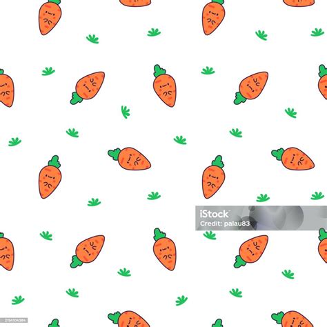 Kawaii Carrot With Funny Faces Seamless Pattern Cute Cartoon Happy Food