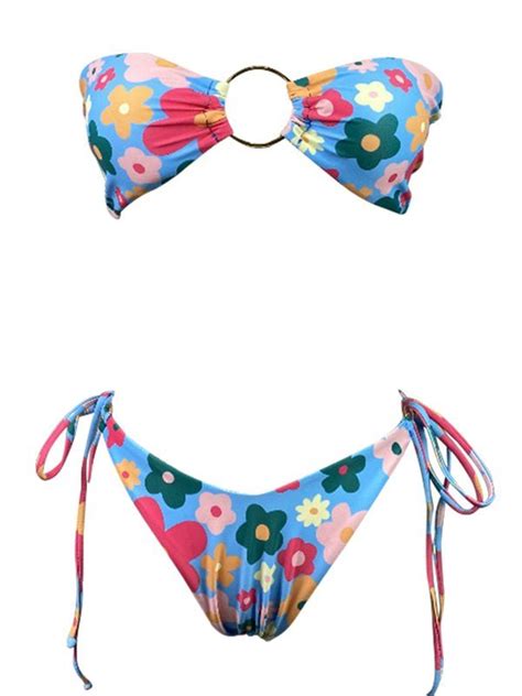 Emmiol Free Shipping Flower Print Bandeau Bikini Set Blue L In