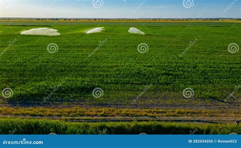 Aerial View On High Pressure Agricultural Water Sprinkler Sprayer