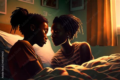 Cheerful Lesbian Couple Hugging In A Bedroom Two Black Lqbtq Females Face To Face In A Bedroom