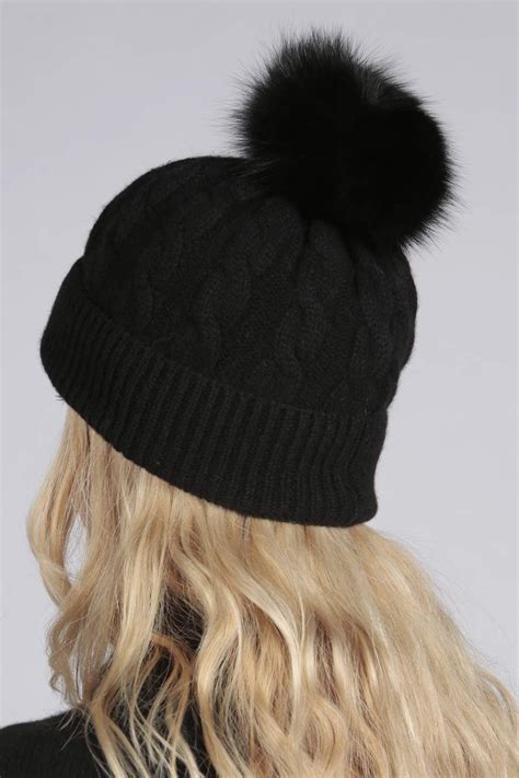 Reine Kaschmir Pelz Bommel Zopfstrick Beanie M Tze In Schwarz Italy