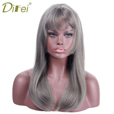 Difei Long Straight Hair Wig Grey Wig Female Synthetic Heat Gray Gray