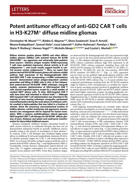 Potent Antitumor Efficacy Of Anti Gd2 Car T Cells In H3 K27m Diffuse