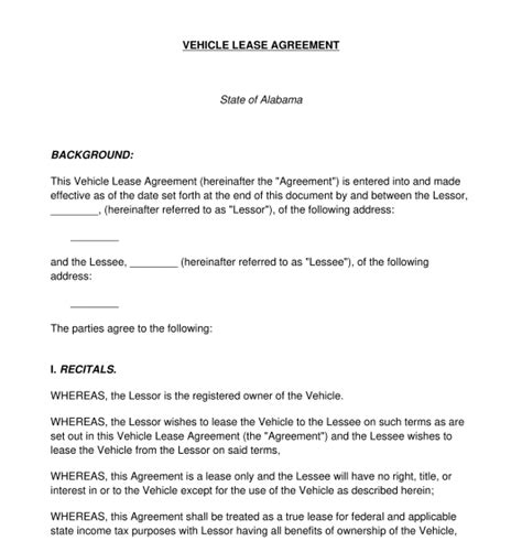 Vehicle Lease Agreement PDF Printable