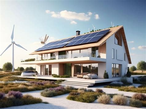 Premium Ai Image Modern Eco House With Solar Panels And Windmills To