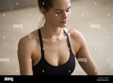 Young Attractive Sporty Woman Meditating With Closed Eyes Grey Stock