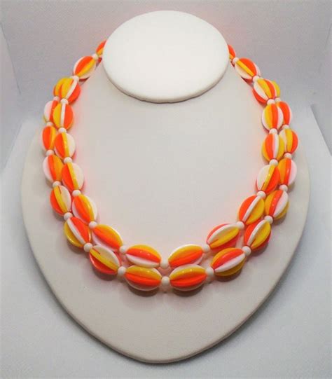 Vintage Gold Tone Double Strand Orange Yellow And Wh Gem