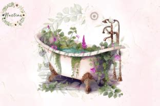 Antique Bathtub With Vines Watercolor Graphic By Nastine Creative Fabrica