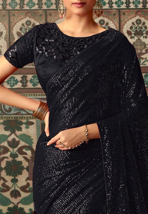 Buy Sequined Georgette Saree In Black Online Sfs Utsav Fashion