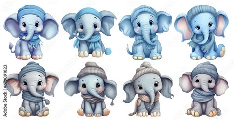 Set Of Funny Cartoon Elephants Clipart Sticker On Transparent Isolated