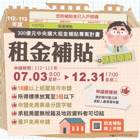 112年7月3日起申請「300億元中央擴大租金補貼專案」採取隨到隨辦方式，18歲以上學子租屋即可申請 依台南市都發局112年8月10日南市都