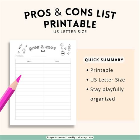 Pros & Cons List Printable - Etsy