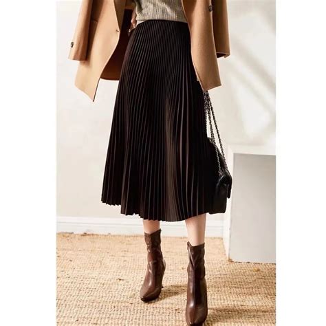 Womens Vintage Pleated Midi Long Skirt Female Korean Casual High Waist