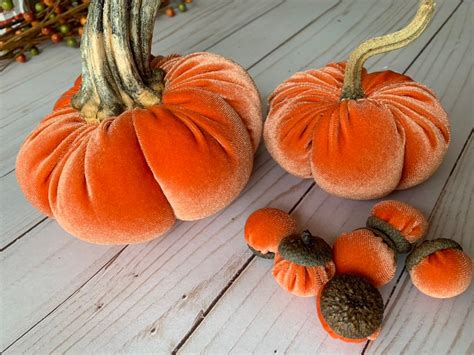 Velvet Pumpkins With Real Stems Velvet Acorns Thanksgiving Etsy