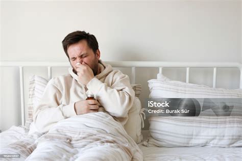 Epidemic Disease Flu Infection Sick Man Lying In His Bed Influenza And