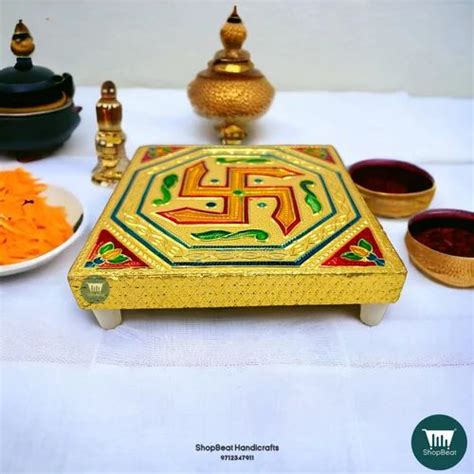 Multicolor Shopbeat Golden Oxidised Swastik Wooden Pooja Chowki X