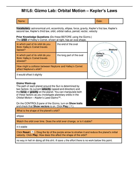 M L Gizmo Lab Orbital Motion Keplers Laws Browsegrades