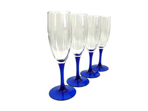 Vintage Luminarc Blue Stem Champagne Flutes Glasses Cobalt