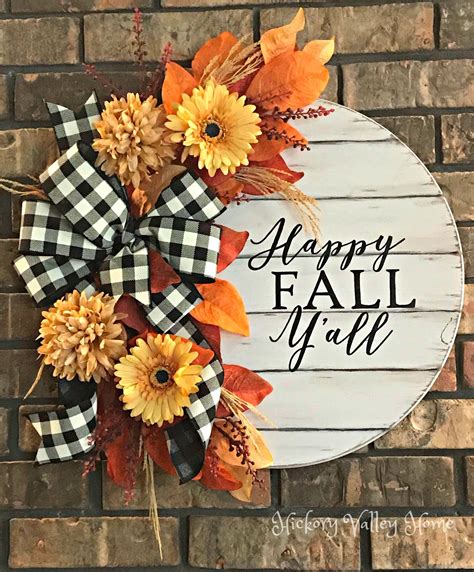 Happy Fall Round Wooden Door Hanger Rustic Fall Wreath Fall Door Swag