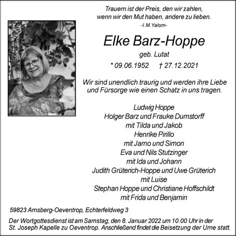 Traueranzeigen Von Elke Barz Hoppe Trauer In NRW De