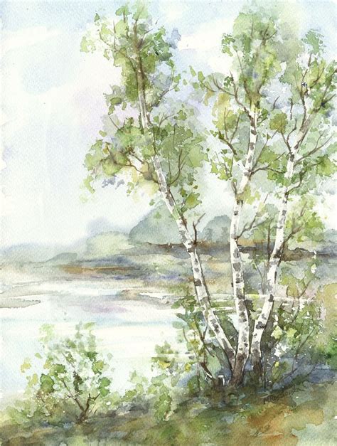 Pejza Z Brzozami Maria Roszkowska Watercolour Watercolor Landscape