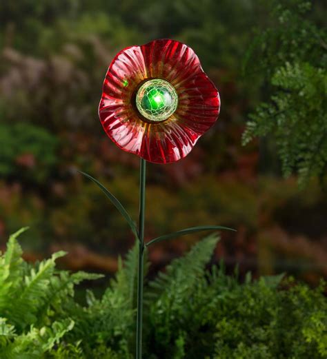 Solar Red Glass Flower Garden Stake Wind And Weather