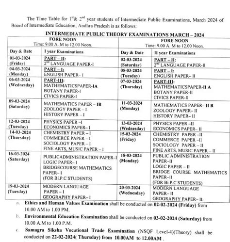 AP Inter Exams Time Table 2024 For 1st 2nd Year BIE AP Intermediate