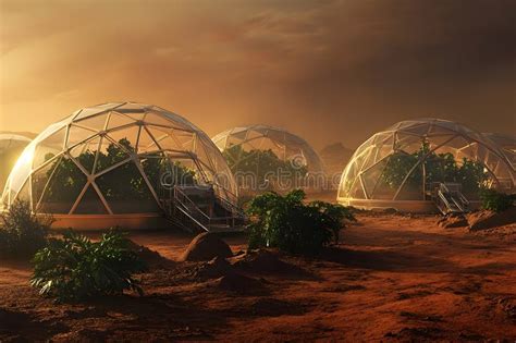 futuristic greenhouse domes  mars  sunset stock photo image