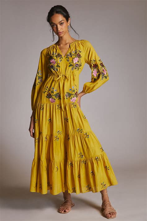 Anthropologie Embroidered V Neck Maxi Dress