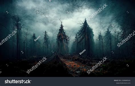 Realistic Haunted Spooky Forest Creepy Landscape Stock Illustration ...