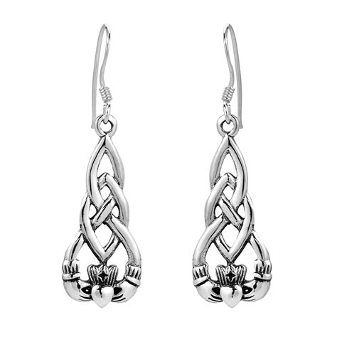 Irish Celtic Heart Claddagh 925 Sterling Silver Dangle Earrings