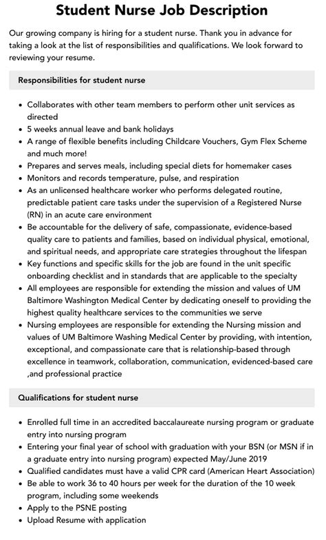 Student Nurse Job Description Velvet Jobs