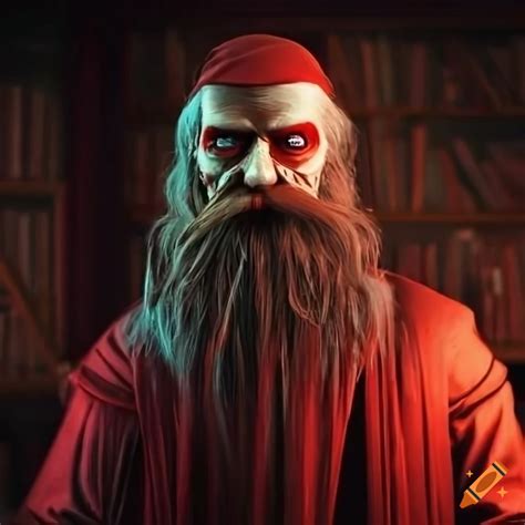 Image Of An Old Cultist In A Red Robe With Glowing Eyes In A Library On