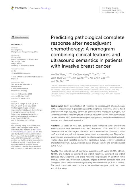 Pdf Predicting Pathological Complete Response After Neoadjuvant