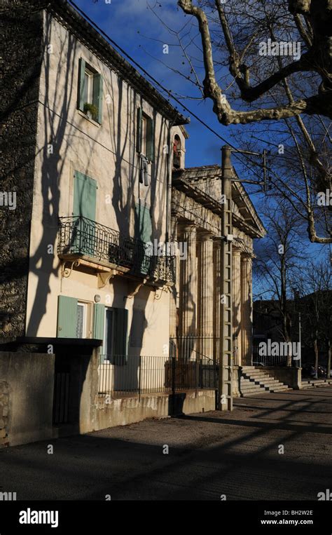 House And Protestant Temple Quissac Gard South Of France Stock Photo