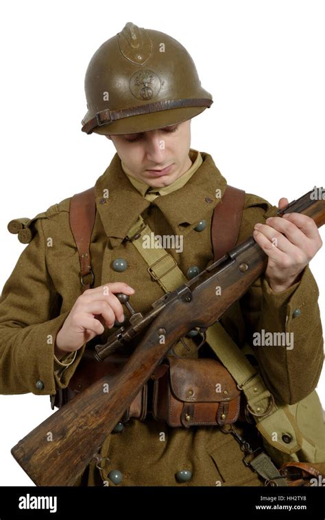 French Soldier In 1940s Uniform Isolated On White Background Stock